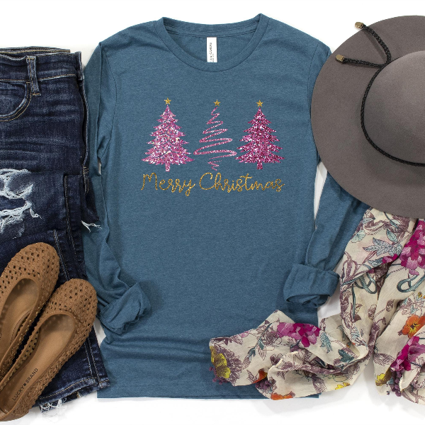 Faux Glitter Merry Christmas Tree Sweatshirt | Pink Sparkly Xmas Crewneck Women Aesthetic Holiday Pullover