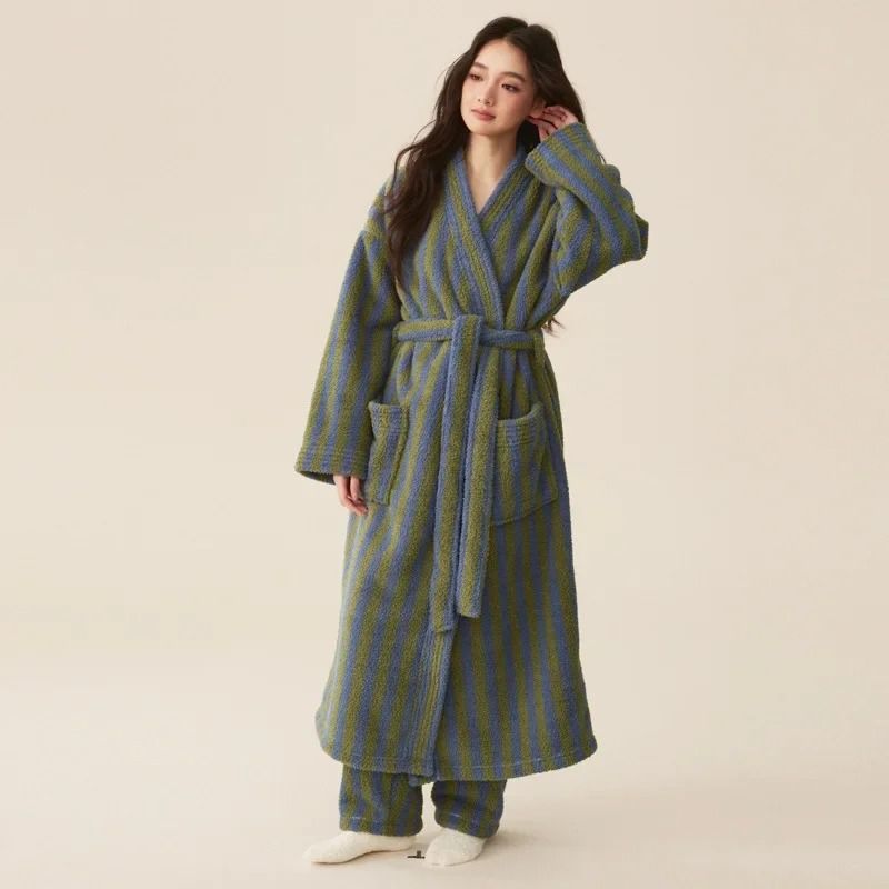 Thickened Flannel Robe & Pants Pajamas Set – Professional Autumn/Winter Striped Couples Home Clothes