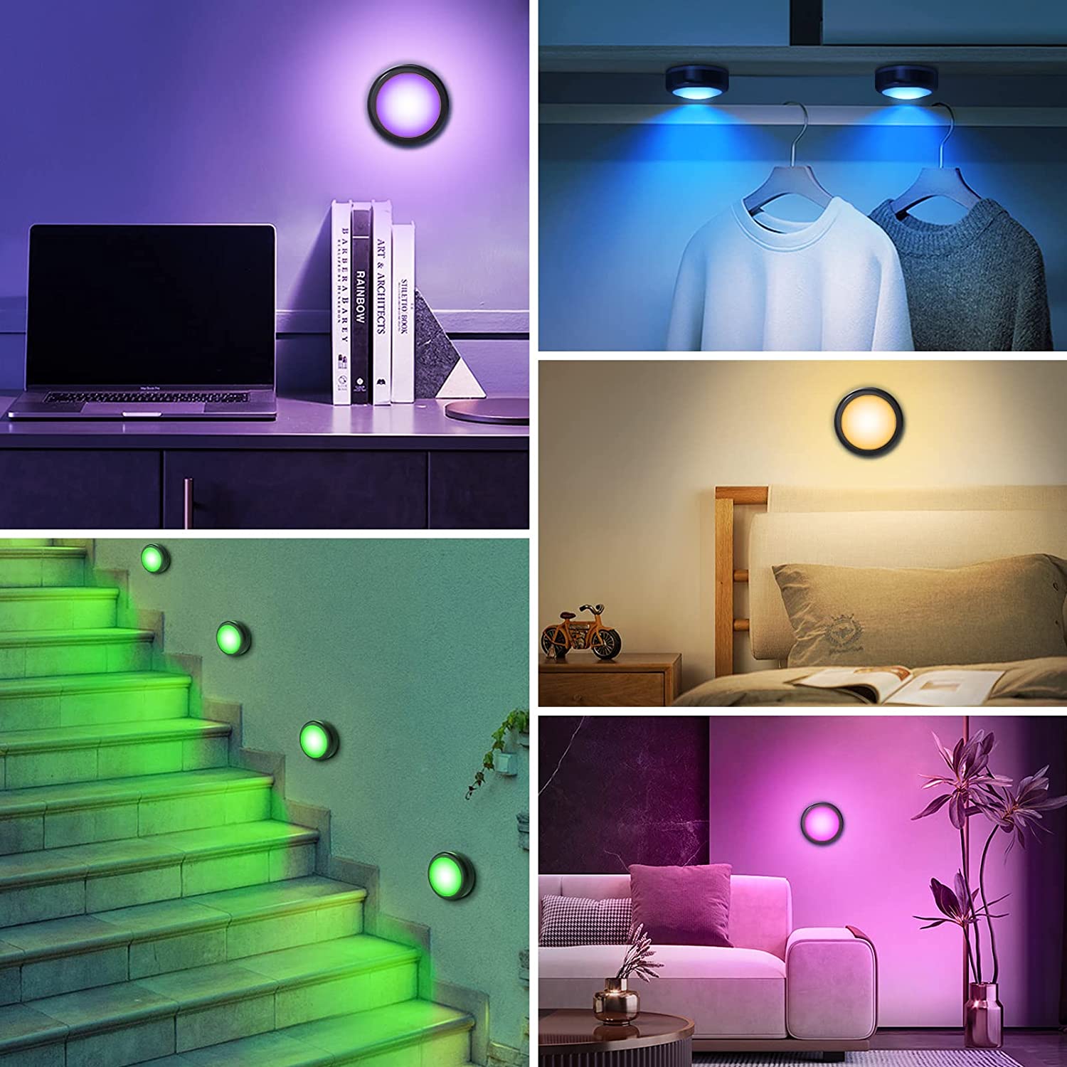 Wireless RGBW LED Puck Lights with Remote Dimmable Under Cabinet & Closet Night Lamp