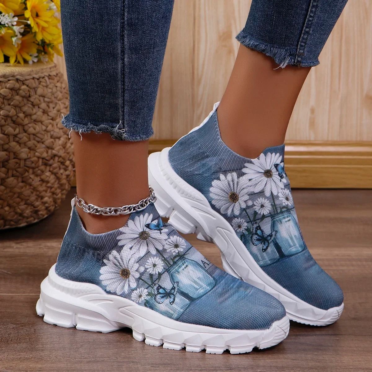 Letters Floral Print Platform Sneakers for Women Fashion Knitting Casual Sports Shoes