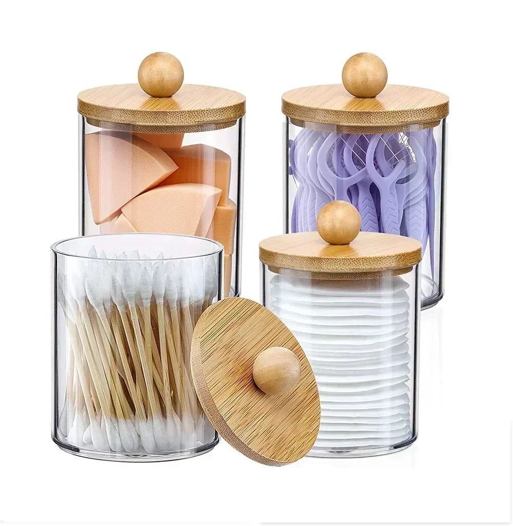 Premium Acrylic Desktop Storage Canister – Clear Organizer Jars & Cotton Rounds Holder Set