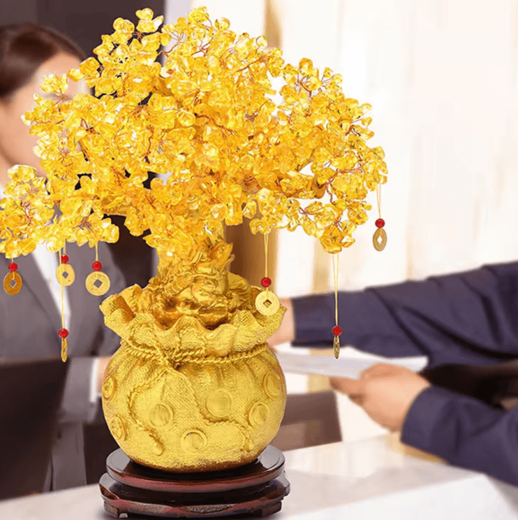 Natural Crystal Money Tree with Fortune Bag – Feng Shui Lucky Tree Decor for Wealth & Prosperity