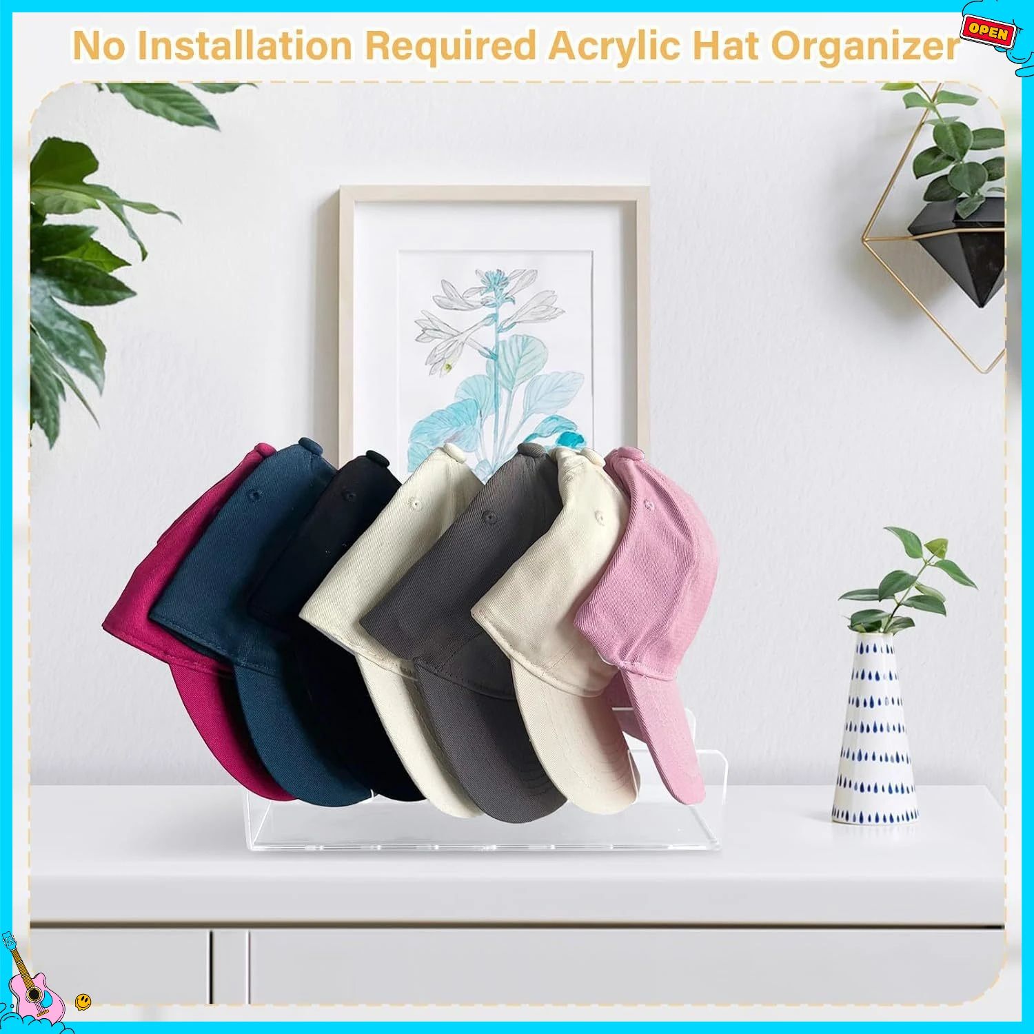 Acrylic 7-Slot Baseball Cap Organizer Stand – Clear hat storage rack for Neat, No-Crush Cap Display