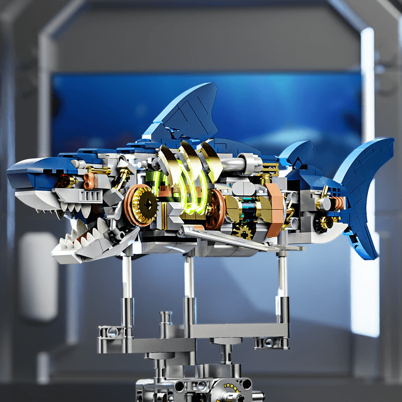 Mechanical Shark Building Set, Shark Sea Life Blocks with Display Stand & Lights