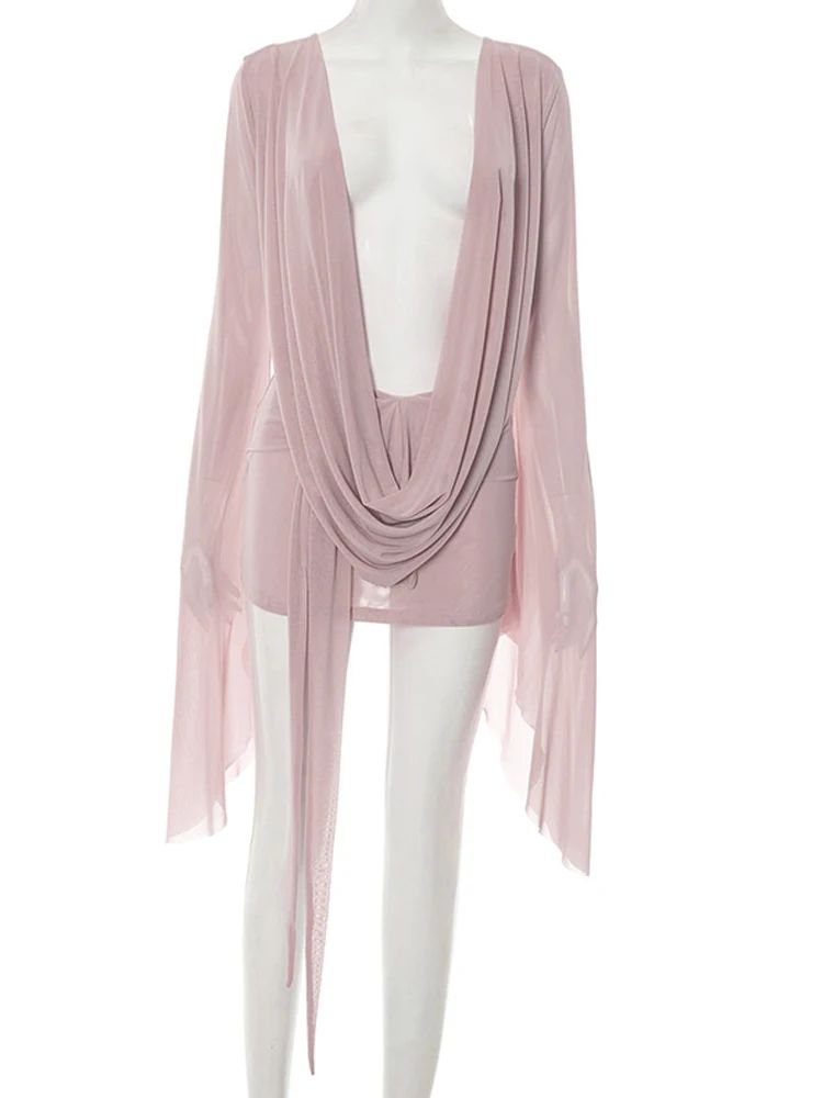 Blush Allure Ruched Sheer Mesh Mini Dress – Flare Sleeve V-Neck Beach Cover Up & Night Out Dress