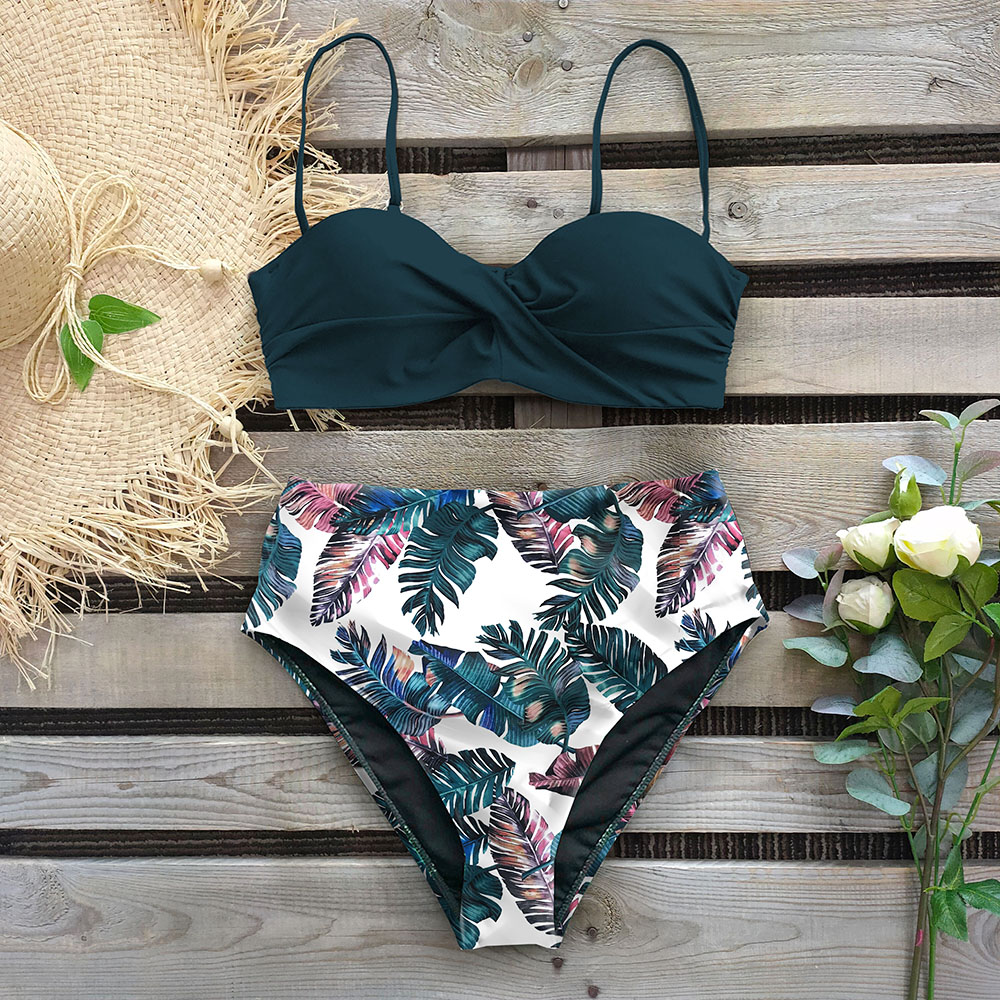 High Waist Bikini Set Women Sexy Bikini, Flower Swimwear Vintage Halter Neck Swimsuit, Deep Blue Bathing Suit