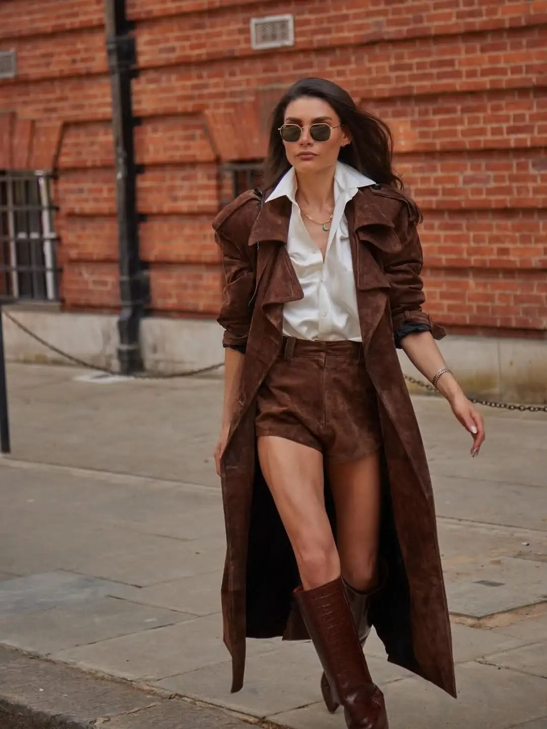 Brown Long Suede Overcoat Women Fashion Solid Lapel Single Breasted Loose Outerwear