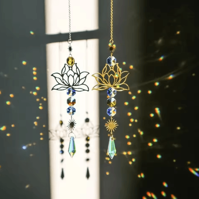 Metal Lotus Crystal Suncatcher Wind Chime – Handmade Hanging Charm for Home & Garden Decor