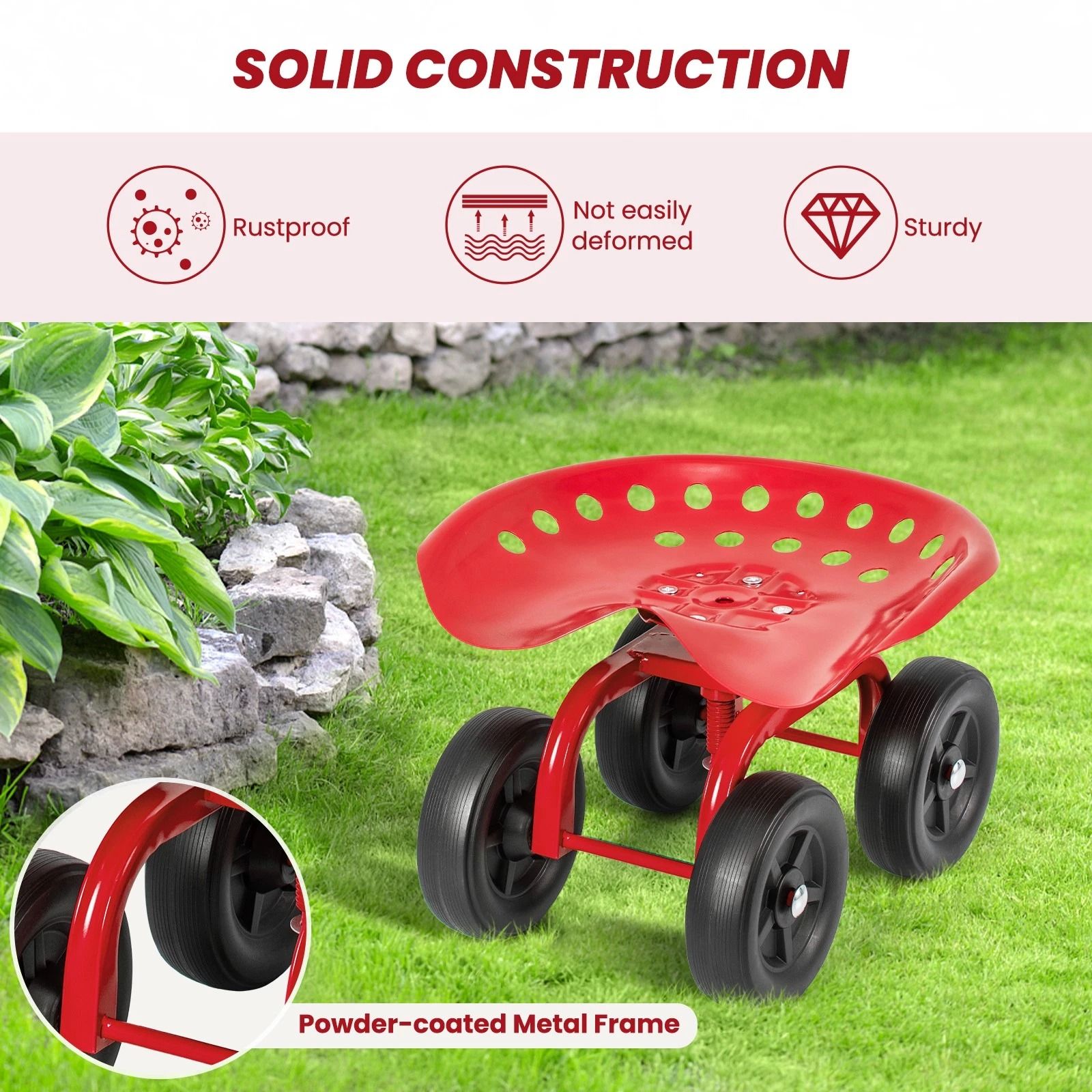 Heavy Duty Rolling Garden Cart with Adjustable Height & 360° Swivel Seat