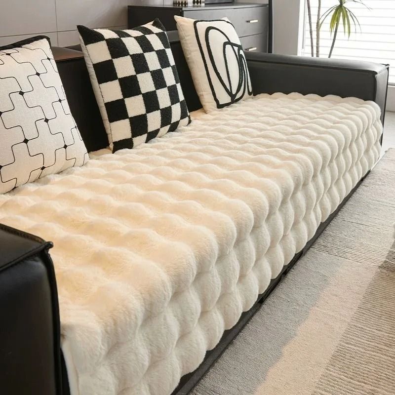 Thick faux rabbit fur sofa slipcover non slip plush couch cushion cover