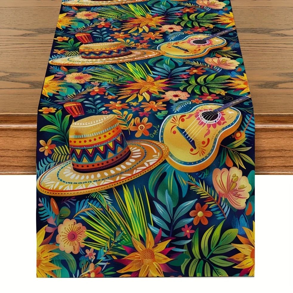 Mexican Style Cactus Print Linen Table Runner
