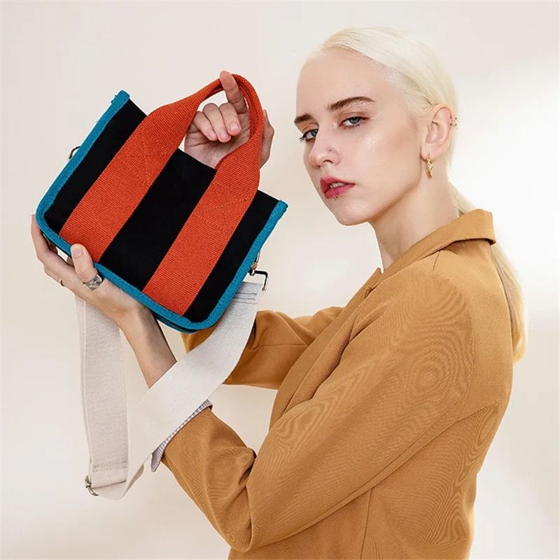Contrast Color Canvas Tote Bag Fashion Crossbody Shoulder Handbag