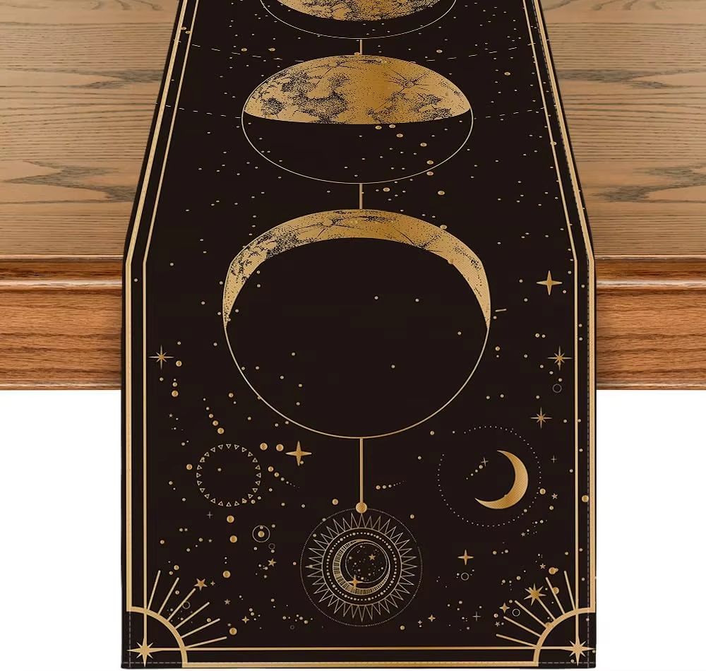 Mystical Moon Phase Linen Table Runner with Astrology Celestial Design
