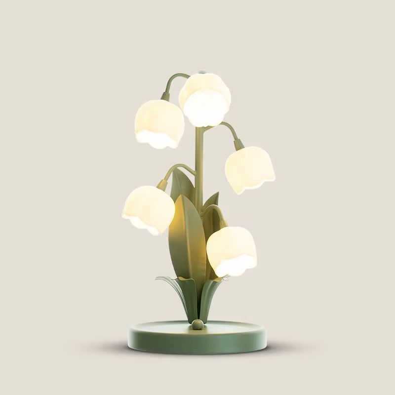 Vintage Floral Table Lamp with 5 Lily Shades – G4 LED Nightstand Light for Bedroom or Living Room in 3 Color Styles