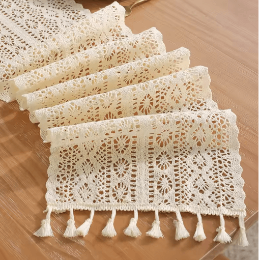 Vintage Crochet Lace Table Runner Beige Tassel Cotton Blend for Elegant Table Decor