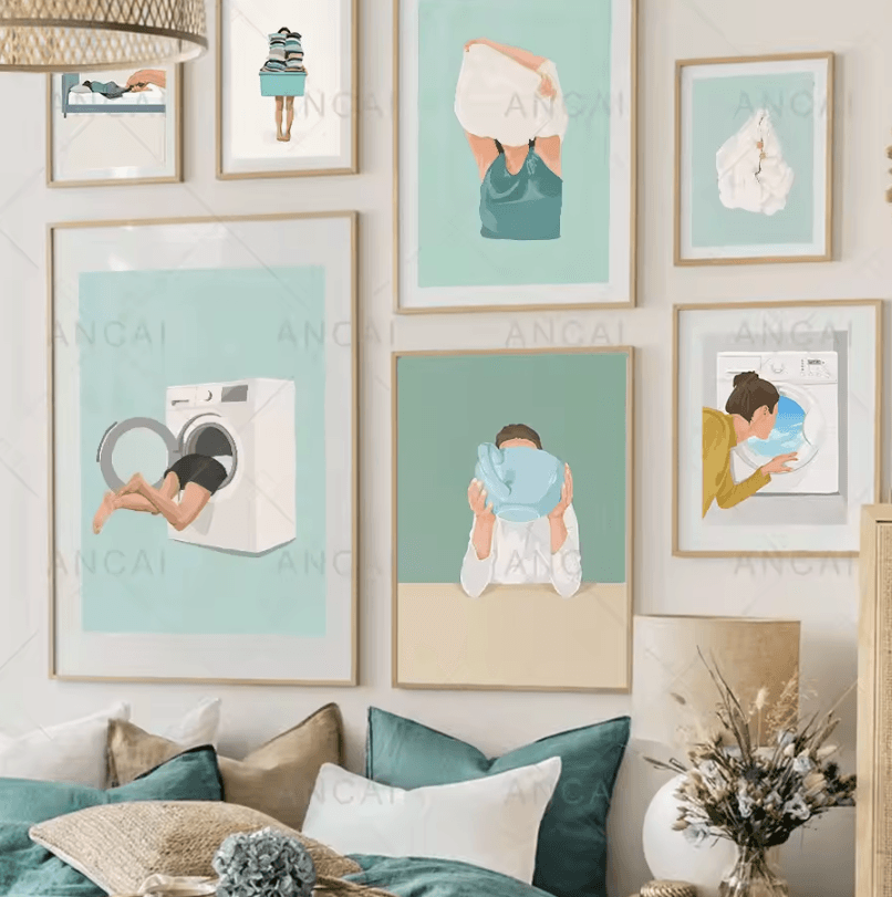 Nordic Laundry Girl Canvas Wall Art – Minimalist Bathroom & Living Room Poster Decor