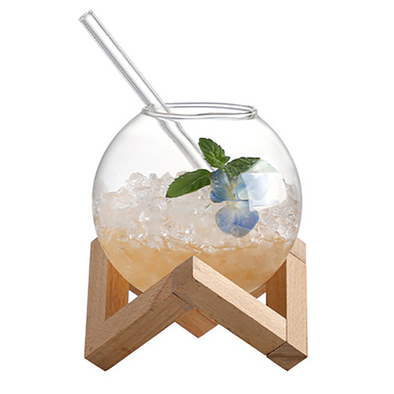 Round Ball Cocktail Mug with Wood Stand Fruit Moon Juice Tumbler