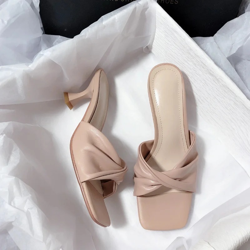 New Fashion Summer Handmade Women Shoes High Heels Square Open Toe Slippers Apricot Off White