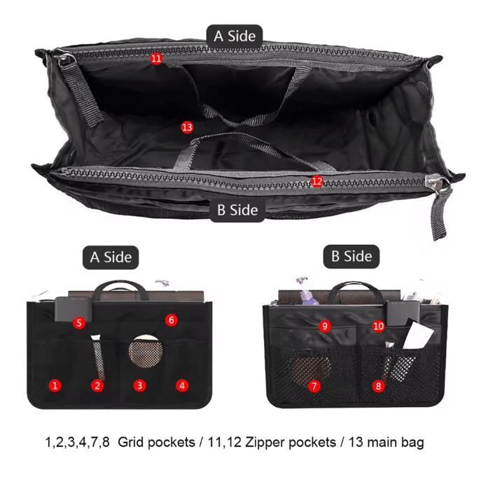 OrganizeEase Handbag Insert Organizer Nylon Purse Liner Travel Tote