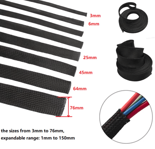 Black PET Braided Cable Sleeve – Flame-Retardant Wire Protection Tubing (1–100M)