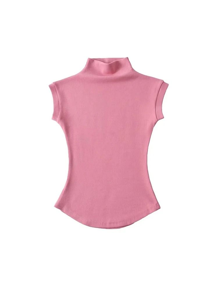 Women Summer Turtleneck Sleeveless Top Solid Slim Fit