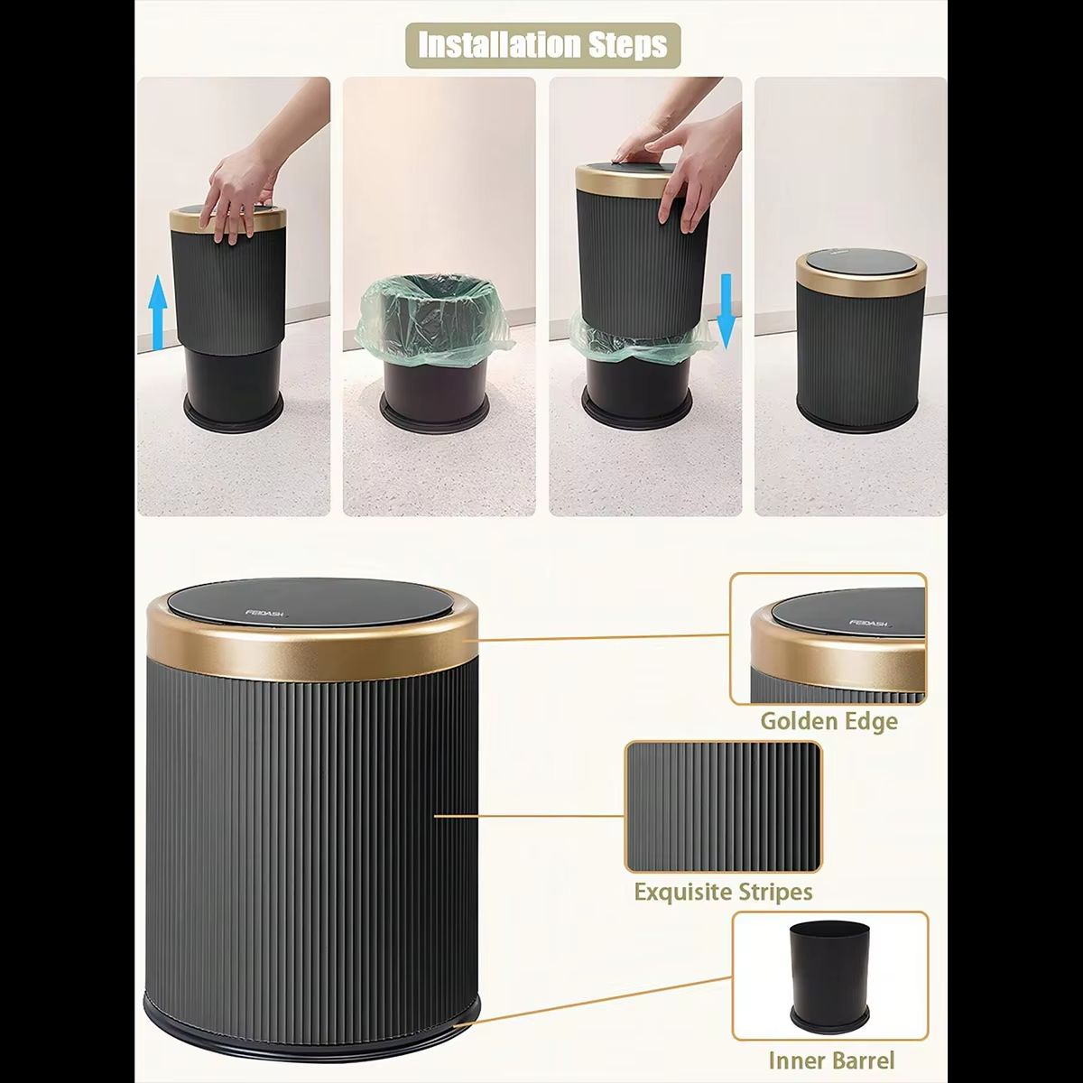 Modern White and Black Double-Layer Trash Bin with Press-Top Lid