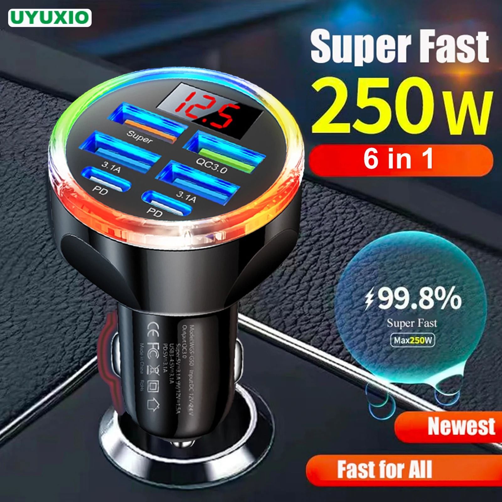 UYUXIO 6-in-1 Dual PD USB-C Car Charger – Super Fast Charge QC 4.0 PPS with Voltage Display & Colorful Light