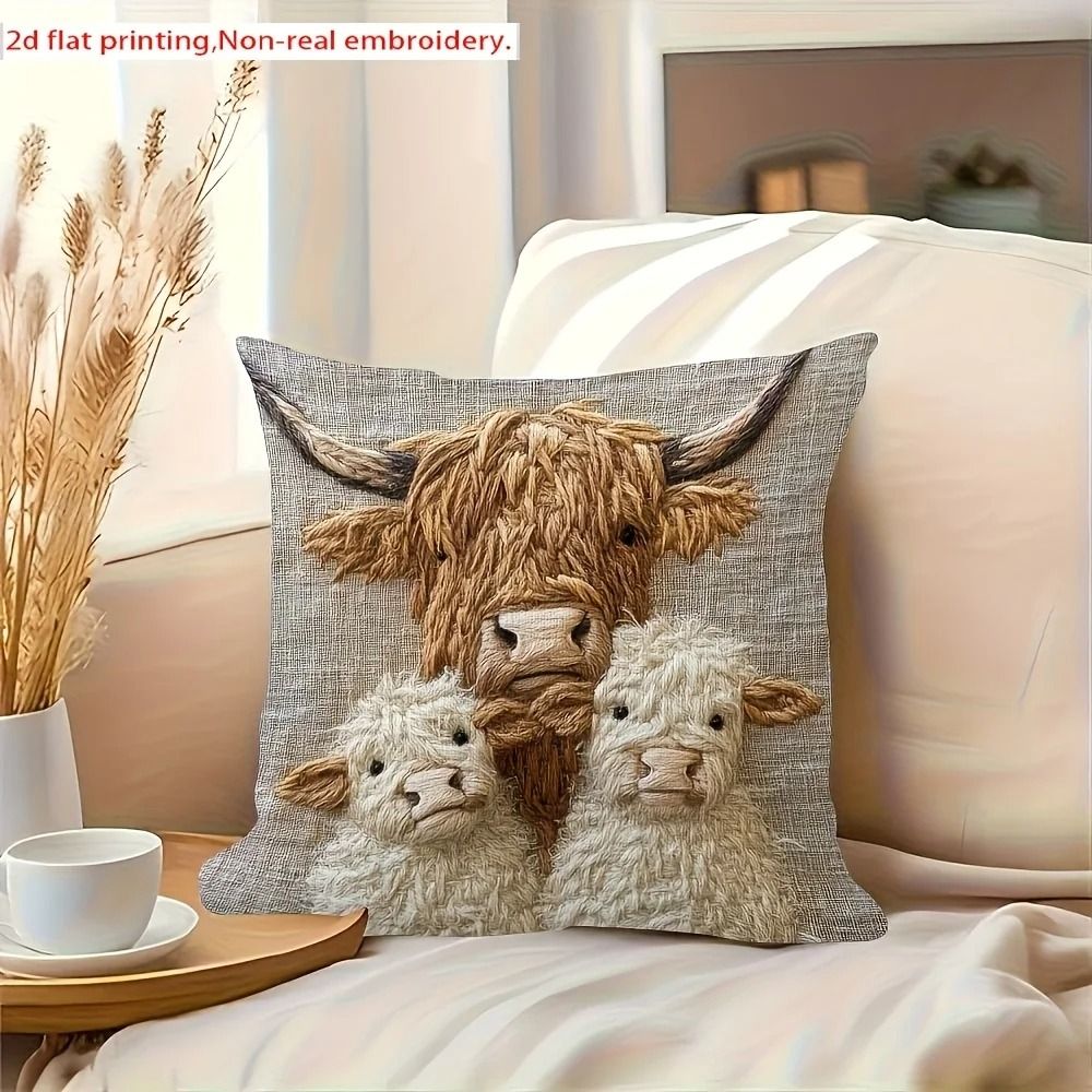 Highland Cow Retro Decorative Pillowcase for Living Room and Office