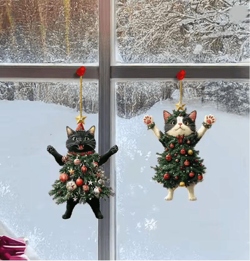 PurrJoy Christmas Cat Ornament for Tree, Car, and Holiday Decor