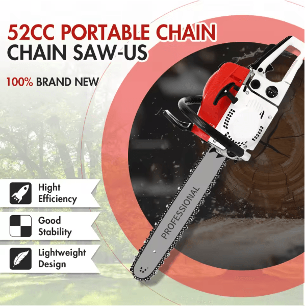 52cc 2 Stroke 20 Inch Gas Chainsaw Portable Air Cooled Wood Cutting Saw for Logging and Firewood