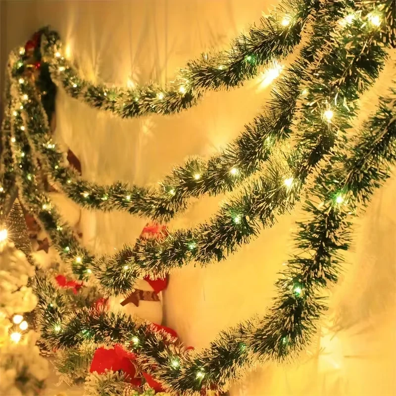 Christmas Tinsel Garland with LED Lights, Metallic Twist Hanging Garland for Fireplace and Xmas Decorations