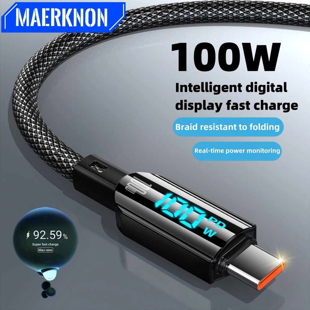 100W USB-C Cable with Digital Display – PD Fast Charging USB-C Cable for Phones & Laptops