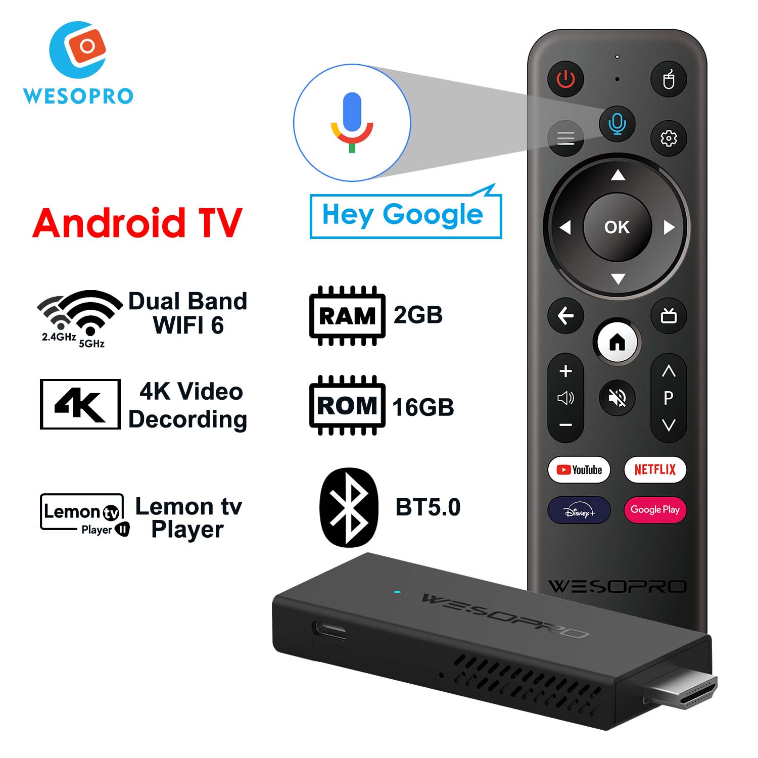 4K Android TV Stick with WiFi 6 and Bluetooth 5.0 Smart TV Dongle