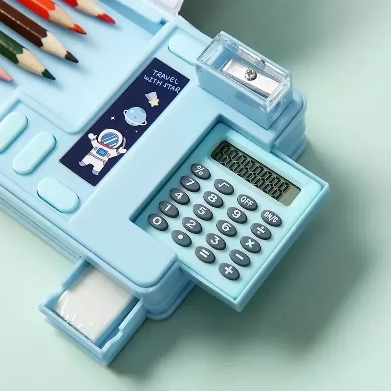 Multi-Functional Stationery Box for Students – Magnetic Double-Sided Pencil Case with Calculator & Sharpener