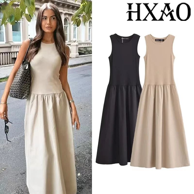 HXAO Khaki Elegant Sleeveless Long Dress 2025 Spring Fashion Casual Party Y2k Vestido