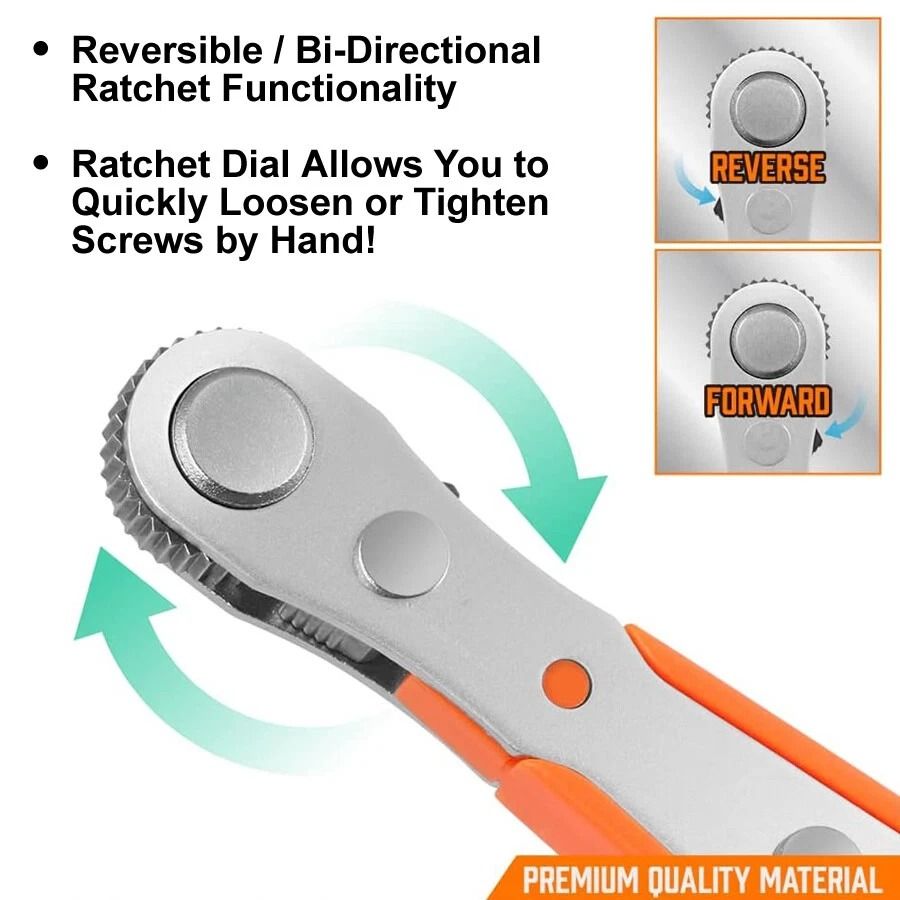 Compact Right Angle Ratcheting Screwdriver with Hex Drive Bit Set