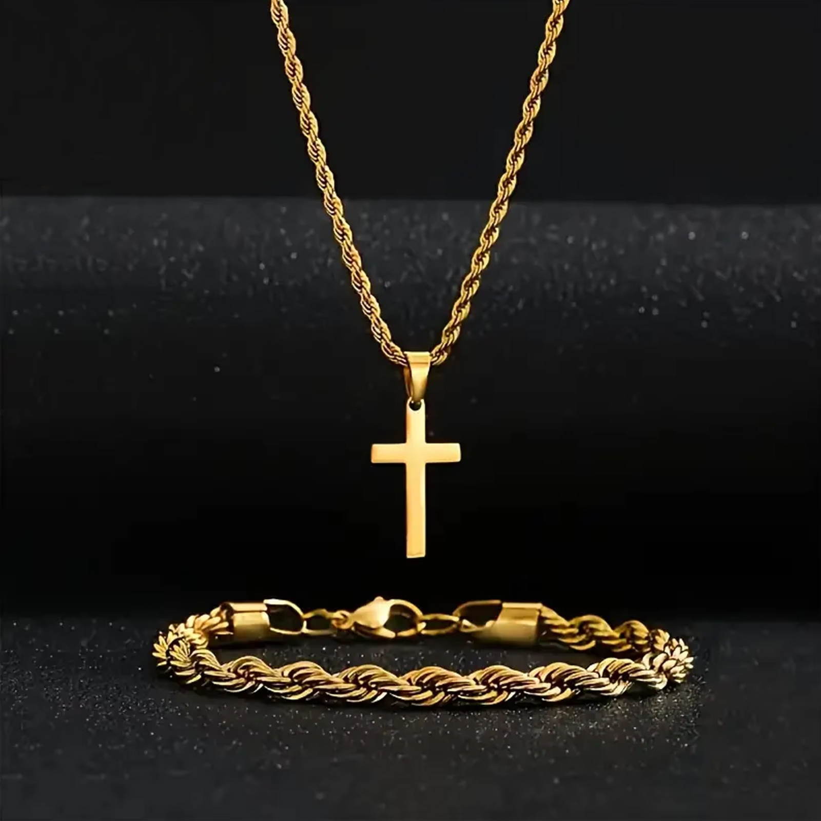Durable Twisted Rope Cross Necklace and Bracelet Set Stainless Steel Jewelry Simple Casual Style Gift