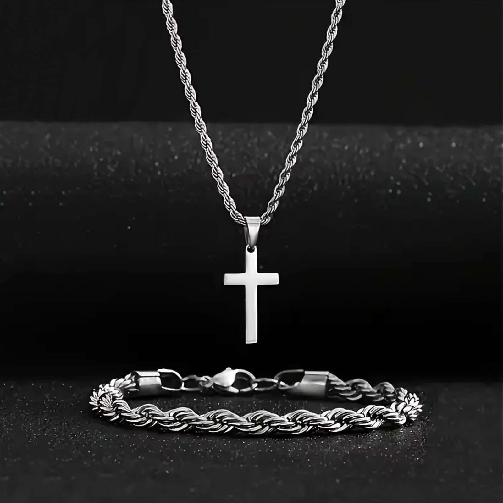 Durable Twisted Rope Cross Necklace and Bracelet Set Stainless Steel Jewelry Simple Casual Style Gift