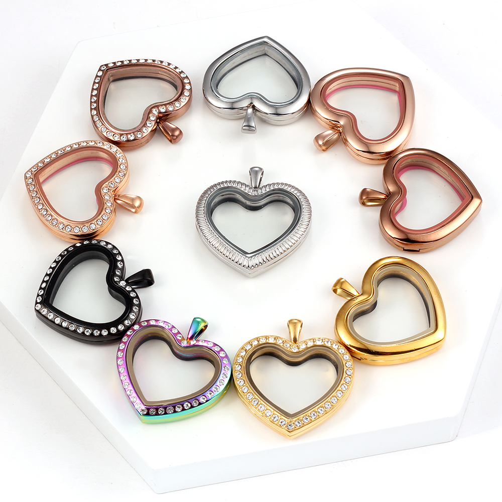 Stainless Steel Living Glass Locket, Peach Heart Floating Charm, Magnetic Closure Chain Necklace