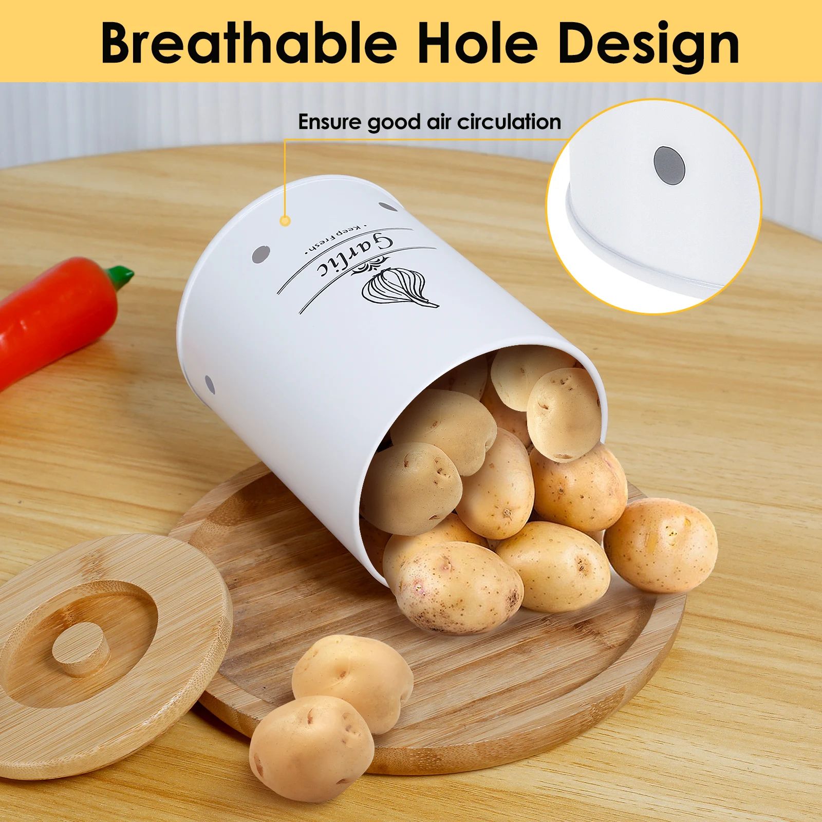 Garlic Storage Jar with Wooden Lid Ventilated Food Container