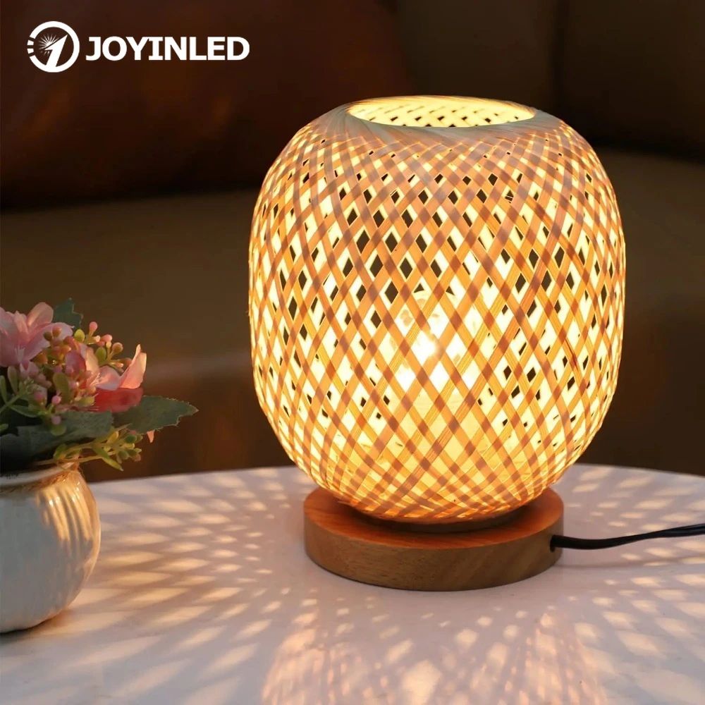 Bohemian Handwoven Bamboo Table Lamp, Vintage Rattan Desktop Light for Study Teahouse Bedside Natural Decor