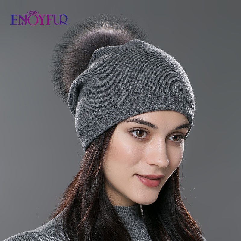 Real Fur Pom Pom Beanies for Women Wool Knitted Thick Warm Winter Lined Fashion Ski Caps Lady Hat