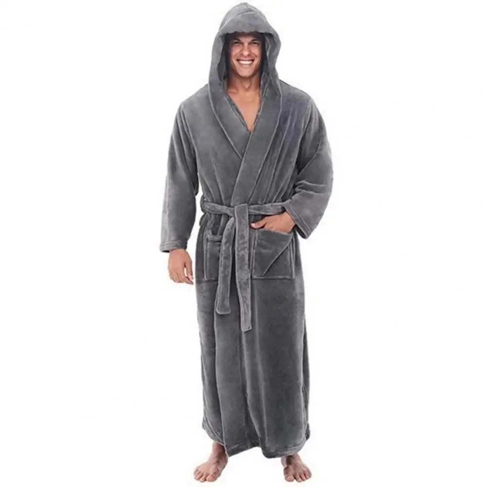 Mens Hooded Flannel Long Bathrobe Soft Fluffy Home Gown