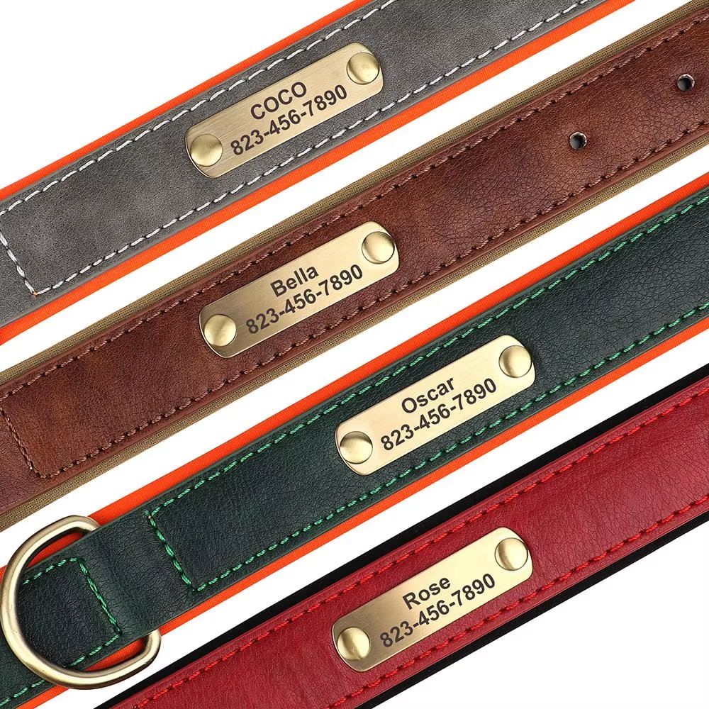Custom Engraved PU Leather Dog Collar with Personalized ID Nameplate