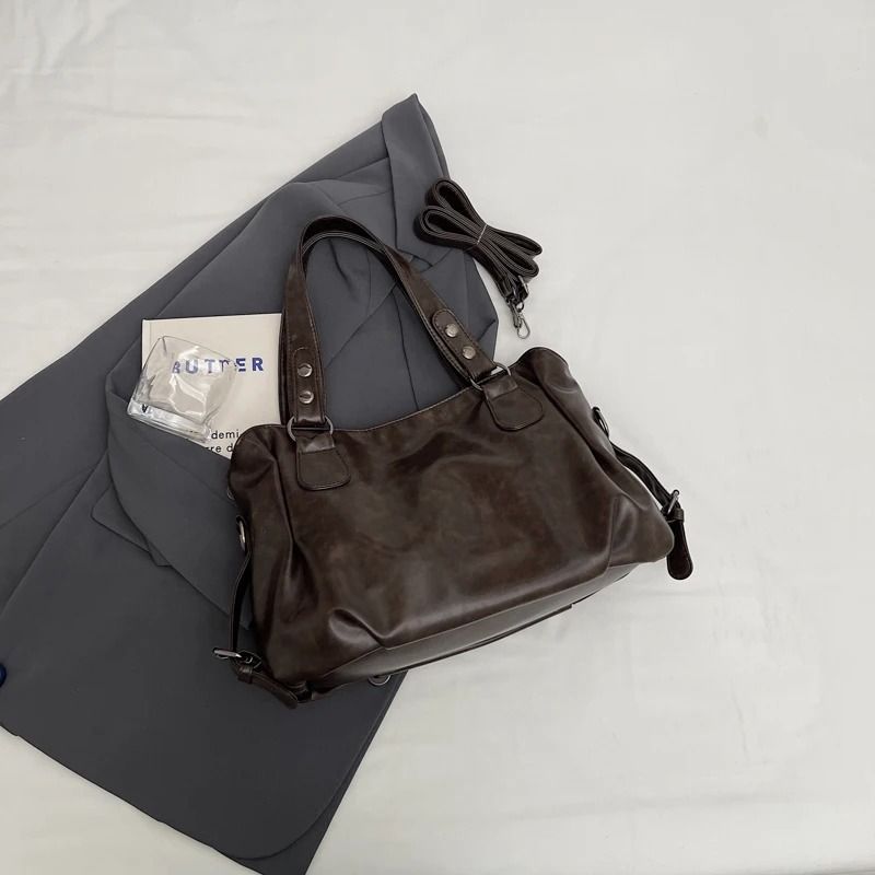 Womens Pure Color PU Retro Large-Capacity Tote