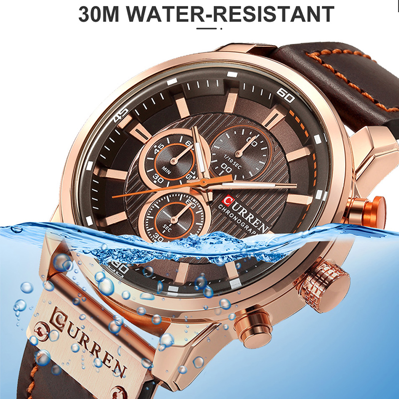 CURREN Men Military Quartz Watch with Leather Strap, Chronograph Wristwatch