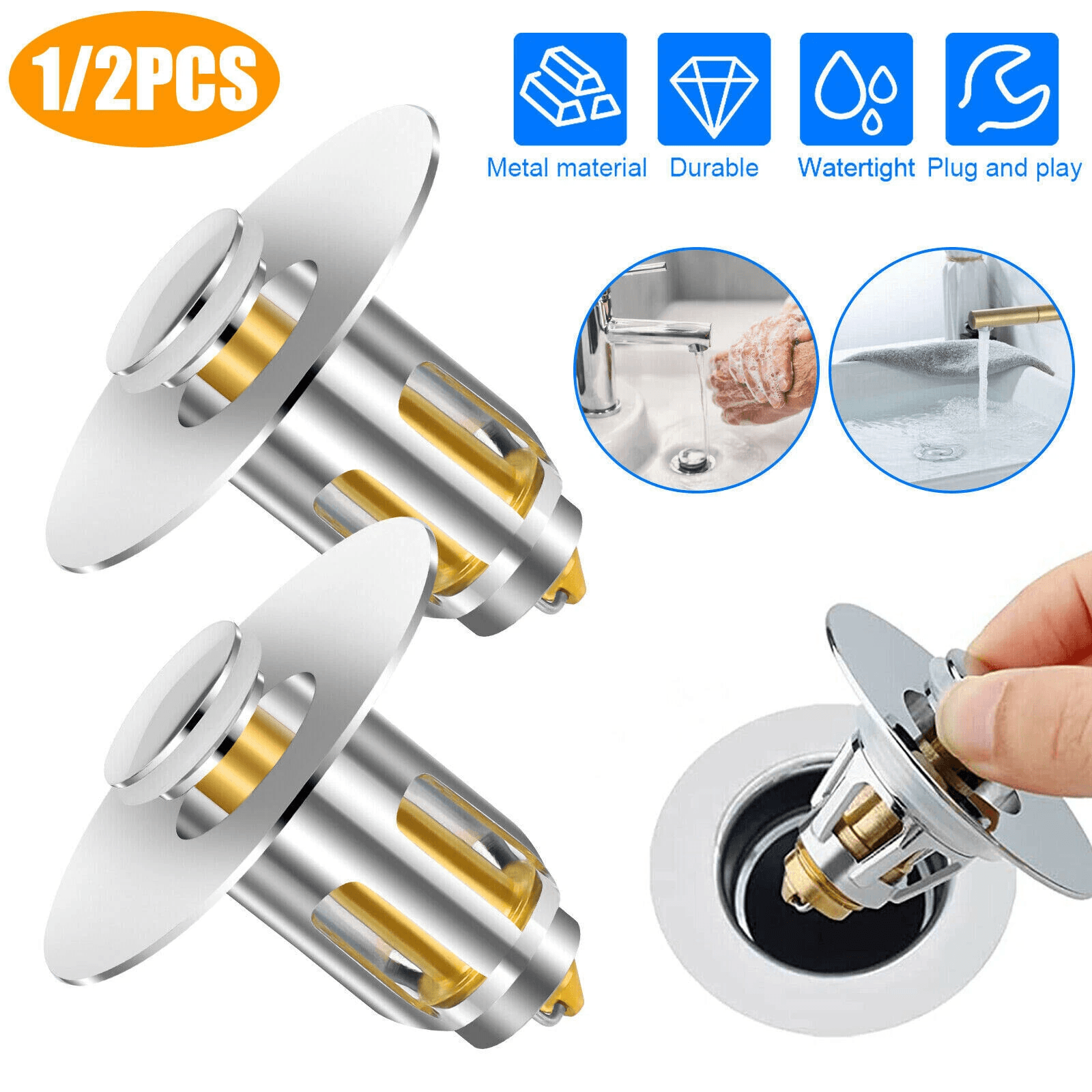 Universal Bathroom Sink Stopper Drain Filter with Push Plug Bounce Pop Up Core, Anti-Rust Bullet Core Basin Plug Fits