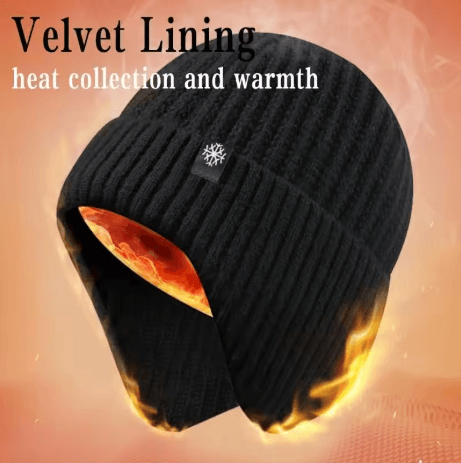 Mens Faux Fur Lined Bomber Hat Winter Knitted Plush Peaked Cap with Earmuffs