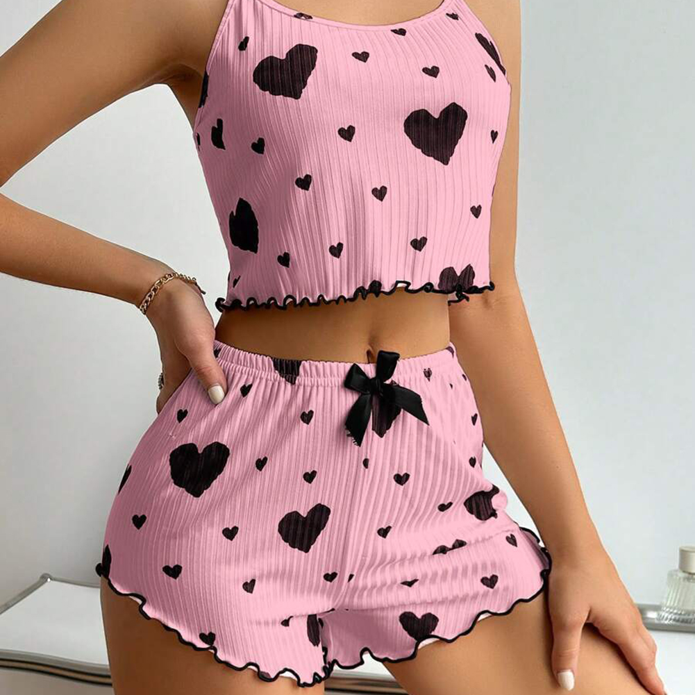 Womens Pajamas Set, Love Heart Print Spaghetti Strap Camisole and Shorts, 2PC Summer Sleepwear