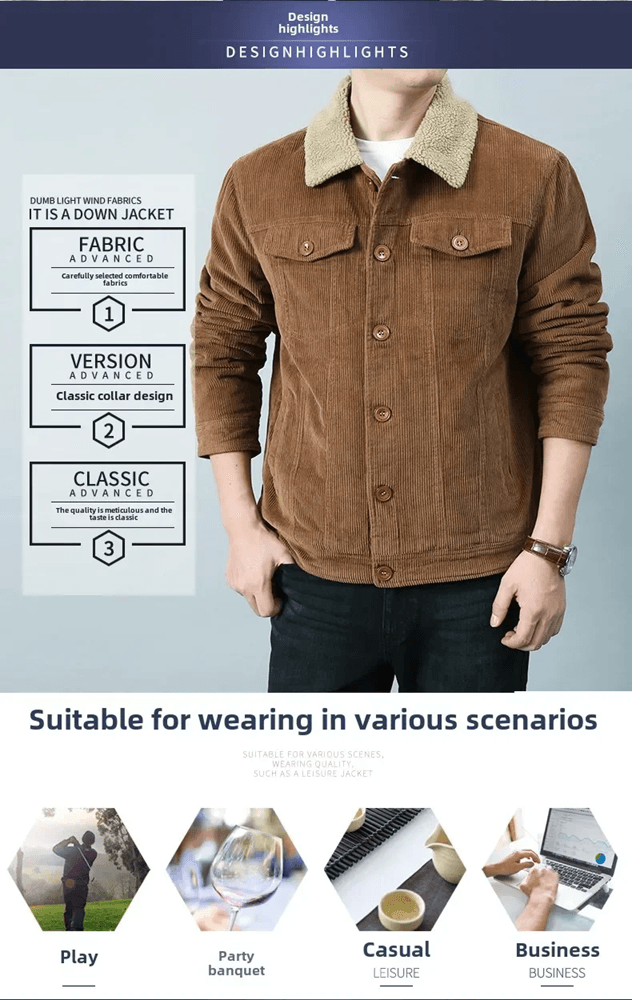 Mens Corduroy Padded Winter Jacket Fleece Lined Cotton Parka